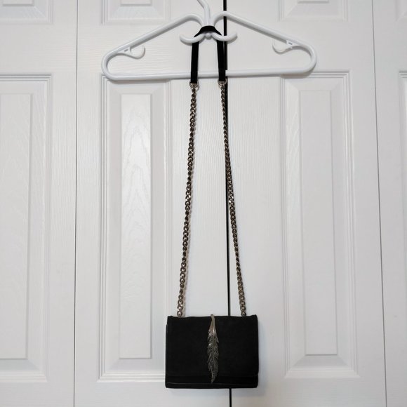 Faux Suede Crossbody Purse with Metal Feather Accent - Picture 4 of 6